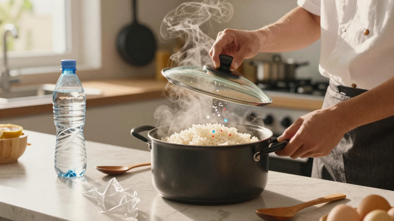 Hands lifting the lid off a steaming pot of cooked rice on a kitchen counter with utensils nearby.