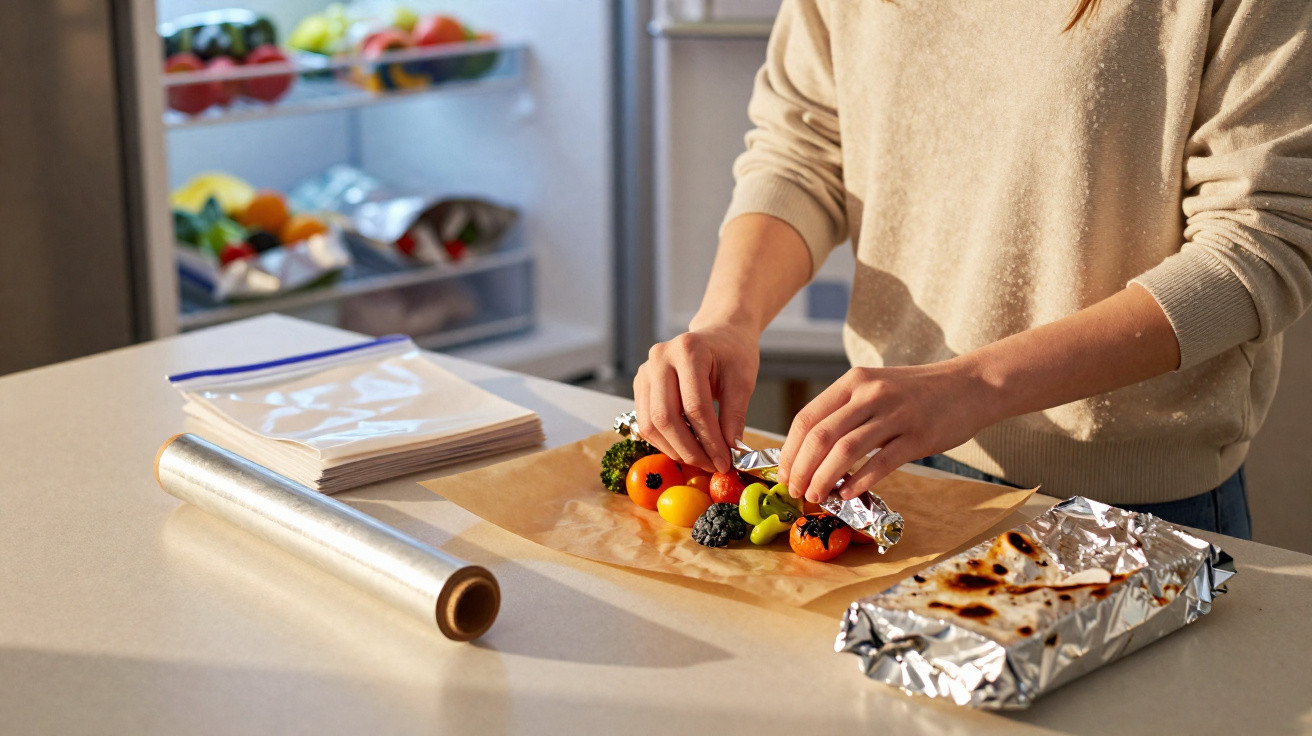 Person wrapping fresh fruit in aluminium foil on kitchen counter with open fridge in background.