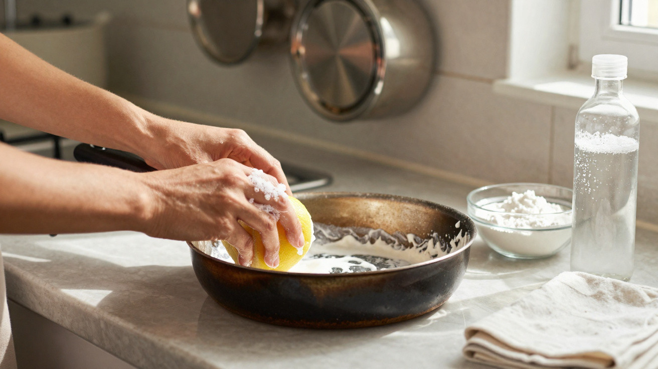 Hands cleaning a frying pan with a yellow sponge and baking soda on a kitchen countertop.