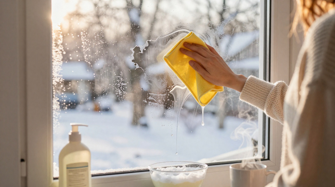 Person cleaning a foggy window with a yellow cloth on a snowy winter day outside.