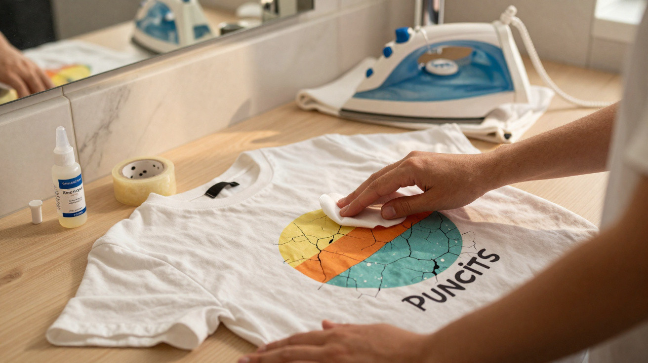 Person applying stain remover to white T-shirt with coloured graphic design on a wooden surface with iron nearby