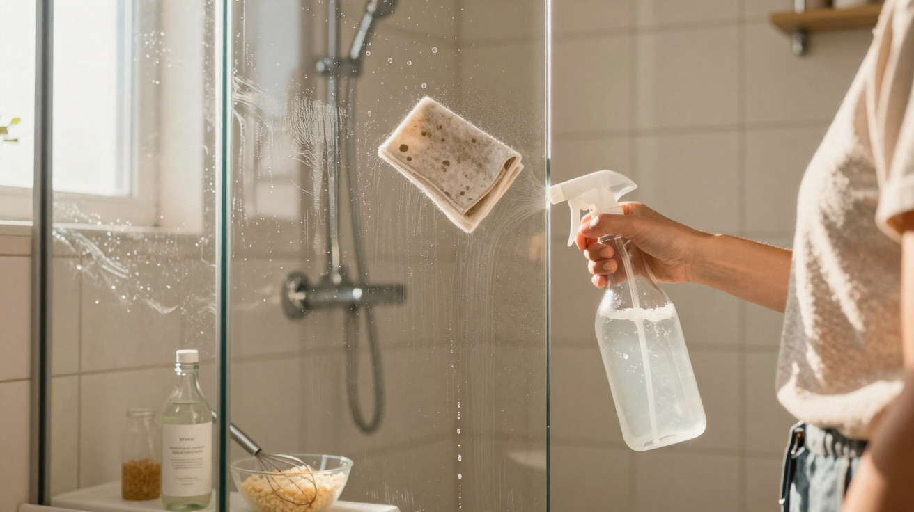 Person cleaning a glass shower door with a spray bottle and a sponge in a bright bathroom.
