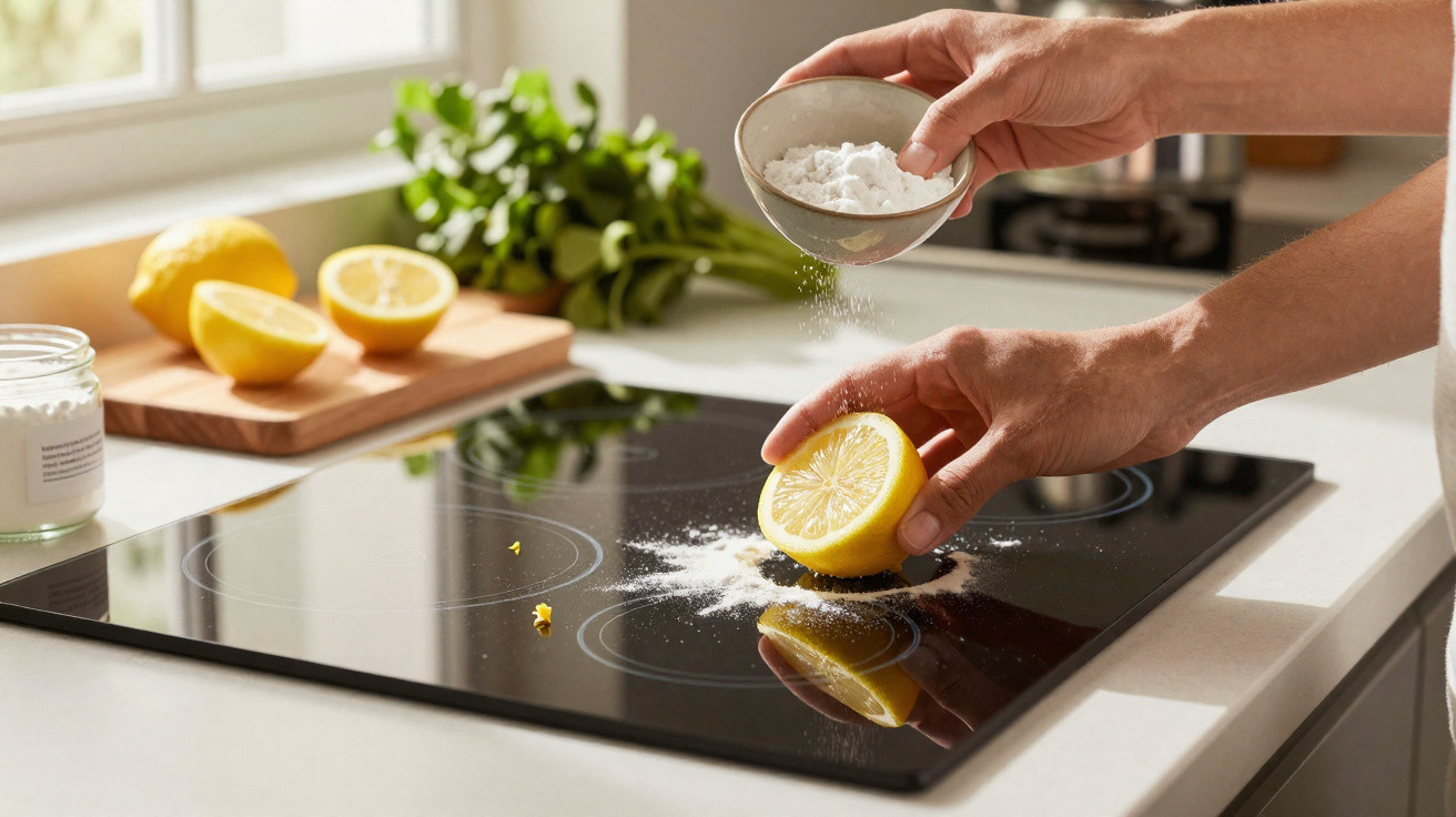 Hands sprinkling baking soda on a stove and rubbing it with half a lemon for cleaning.