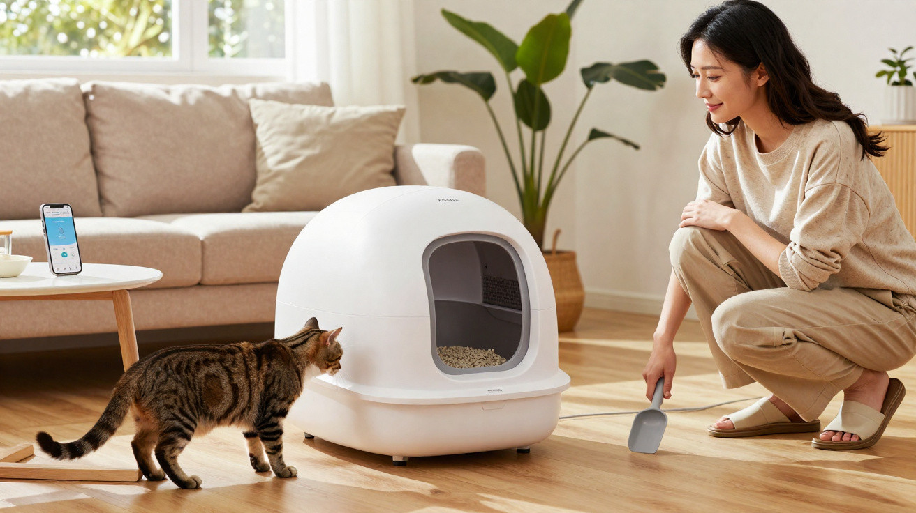 Woman cleaning a modern white covered cat litter box while a tabby cat approaches in a bright living room.