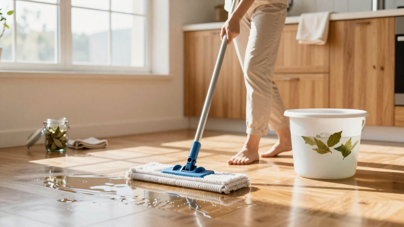 Person mopping water spill on wooden kitchen floor with white bucket nearby in bright room