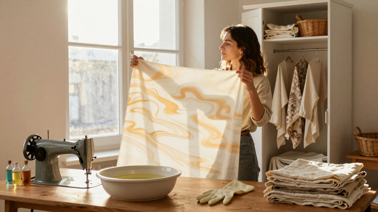 Woman holding a patterned fabric in a sunlit room with sewing supplies and folded textiles on a wooden table.