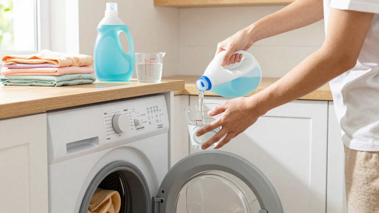 Person pouring liquid detergent into a measuring cup over a front-loading washing machine in a laundry room.