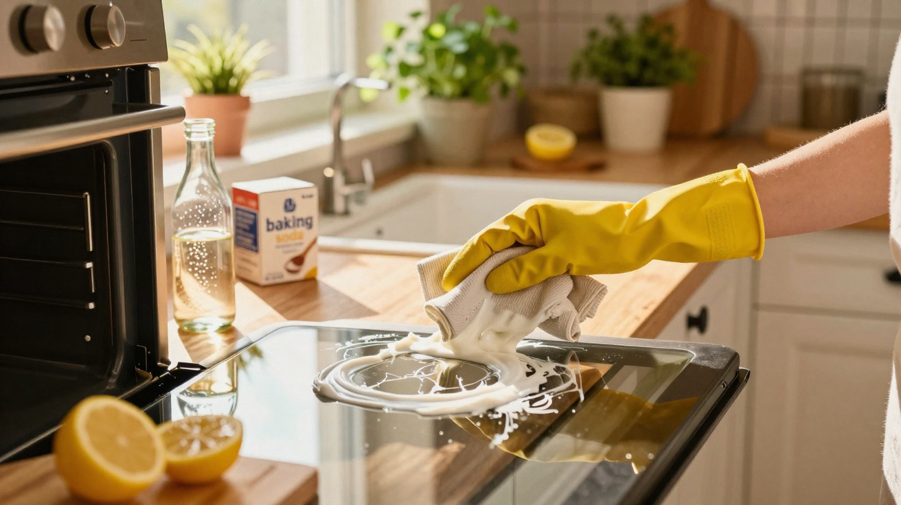 Person wearing yellow gloves cleaning oven door glass with baking soda paste and cloth in a bright kitchen