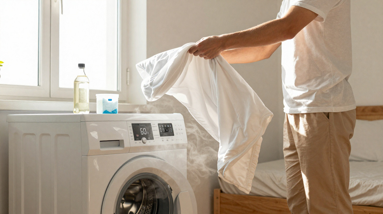 Person removing steaming clothes from a front-loading washing machine in a bright laundry room.