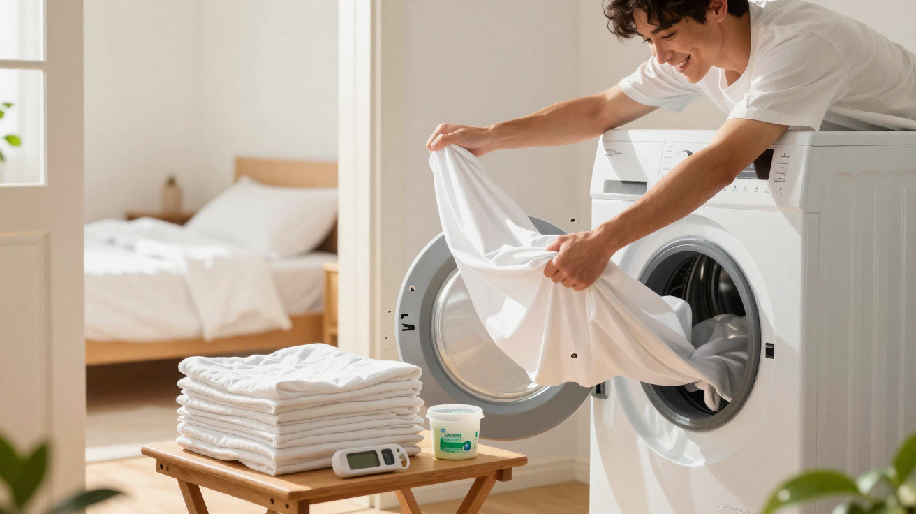 Young man smiling as he loads clean white laundry from a washing machine in a bright room.