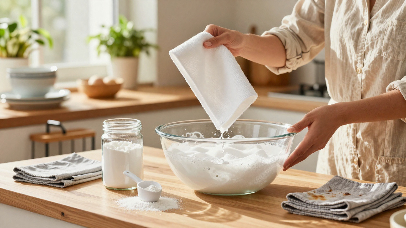 Person squeezing liquid from a white cloth into a large glass bowl in a bright kitchen.