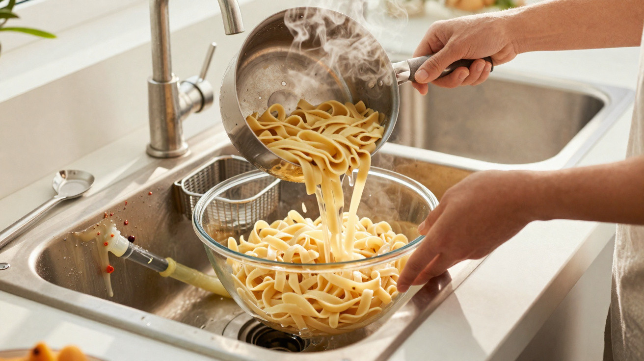 Person draining hot tagliatelle pasta from a saucepan into a glass bowl over the kitchen sink.