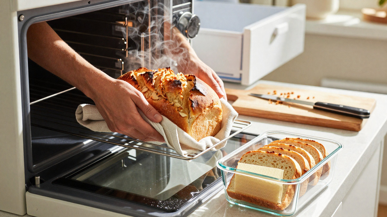 Hands removing freshly baked bread with almond topping from oven onto a tray beside sliced bread in a glass container.