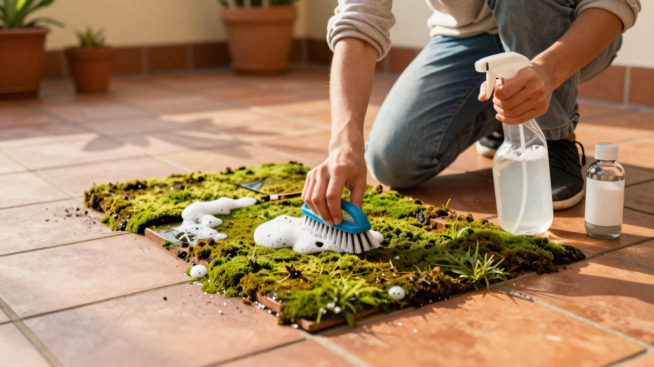 Person scrubbing a moss-covered garden panel with a brush and spray bottle on a tiled floor.