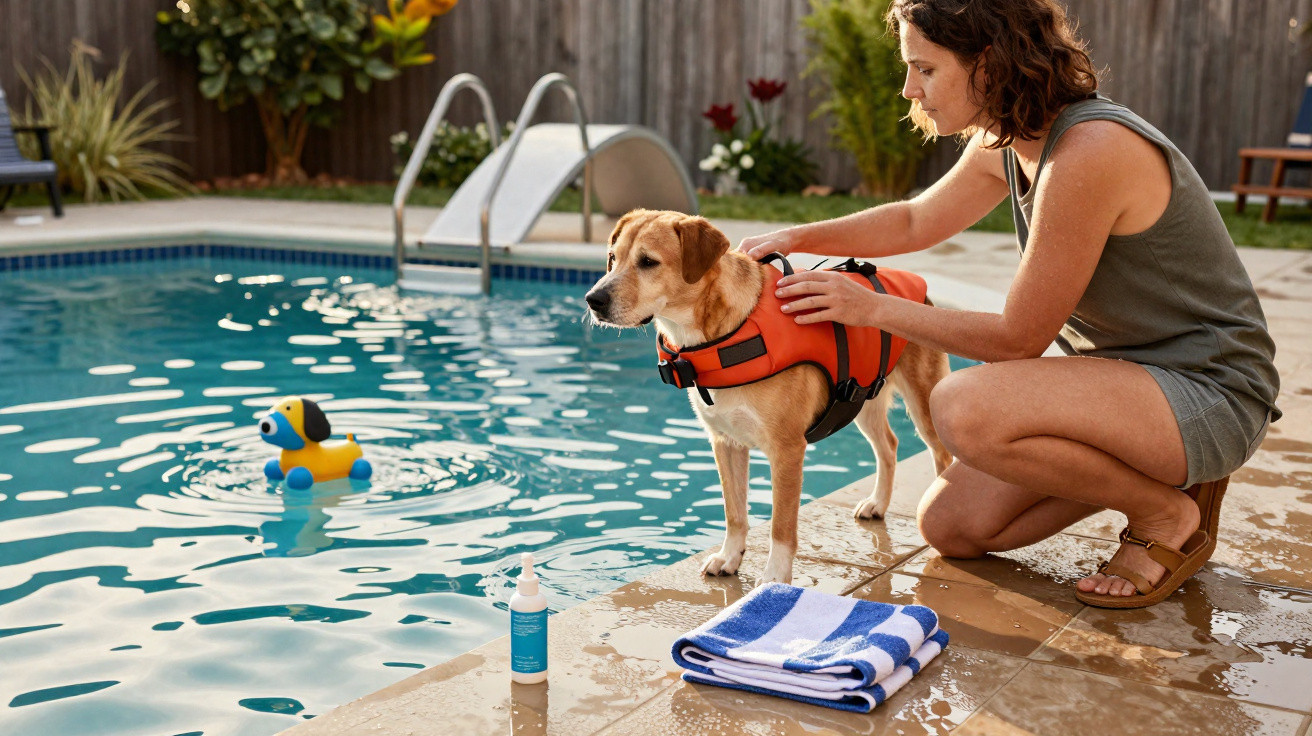 Woman in swimwear putting life jacket on dog by poolside with toy and towel nearby