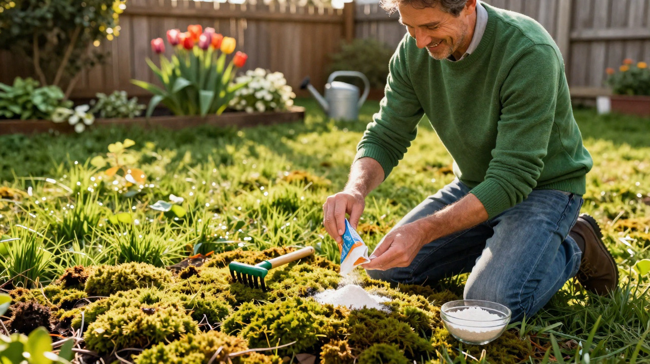 Man in green sweater spreading fertiliser on garden plants on a sunny day with flowers and a watering can nearby