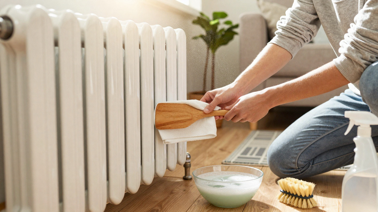 Person cleaning a white radiator with a wooden brush and cloth beside a bowl of soapy water.