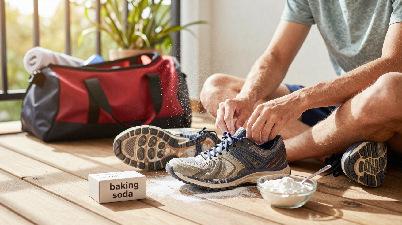 Person sprinkling baking soda inside a sports shoe with a gym bag nearby on a wooden floor.