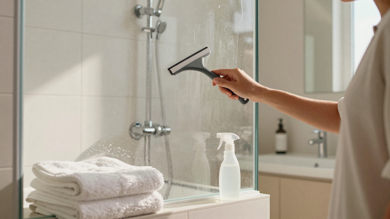 Person cleaning a glass shower screen with a squeegee in a bright bathroom.