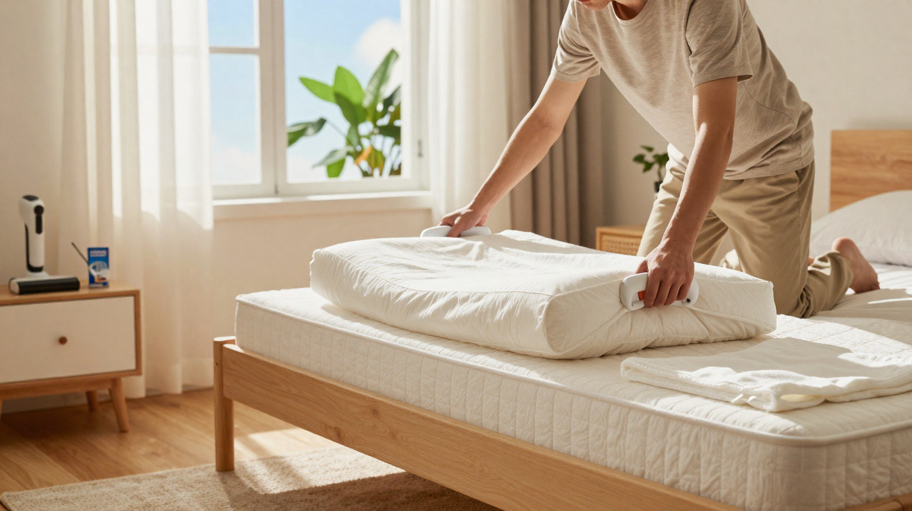 Person unfolding a white foldable mattress on a wooden bed frame in a bright bedroom.