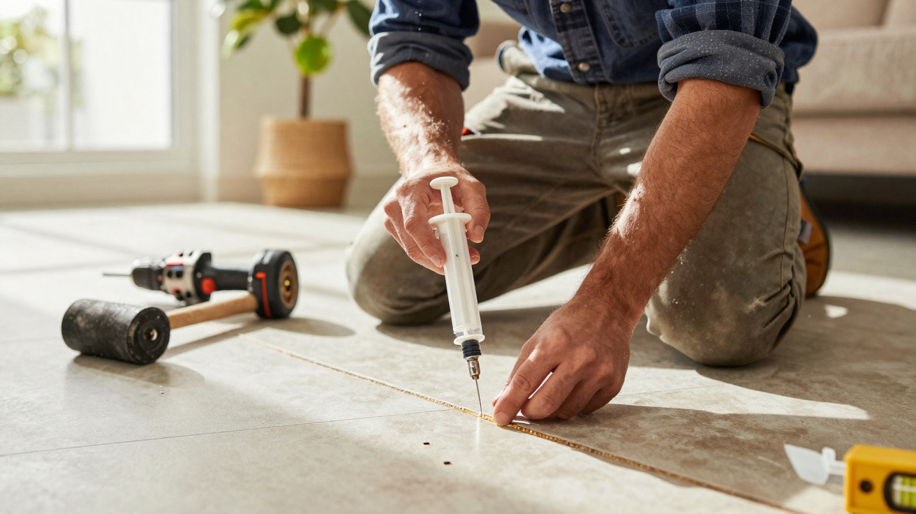 Man using a syringe to inject adhesive into gaps between floor tiles during home repair.