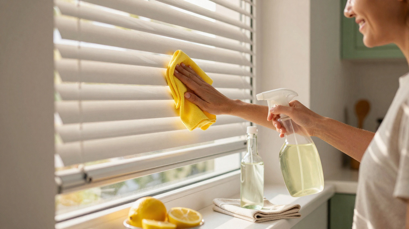 Person cleaning white window blinds with yellow cloth and spray bottle in a bright kitchen.