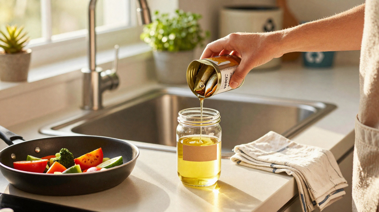 Hand pouring golden olive oil from a can into a glass jar on a kitchen counter next to a frying pan with vegetables.