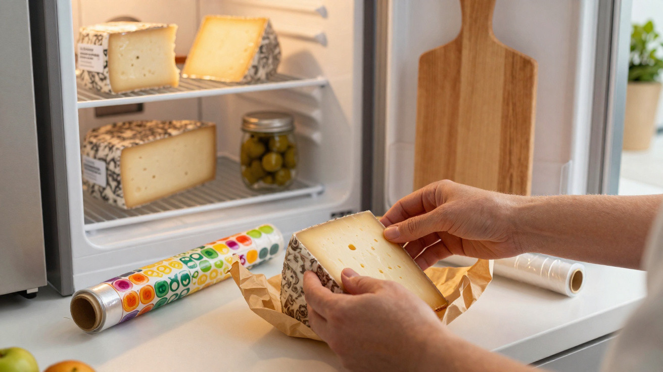 Hands holding a wedge of cheese in front of a small fridge containing cheese and a jar of olives.