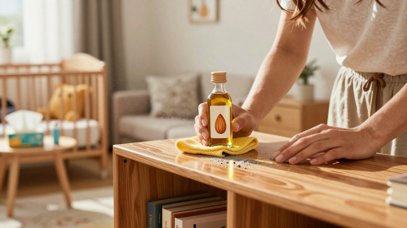 Person cleaning wooden furniture with almond oil and a yellow cloth in a cozy living room.