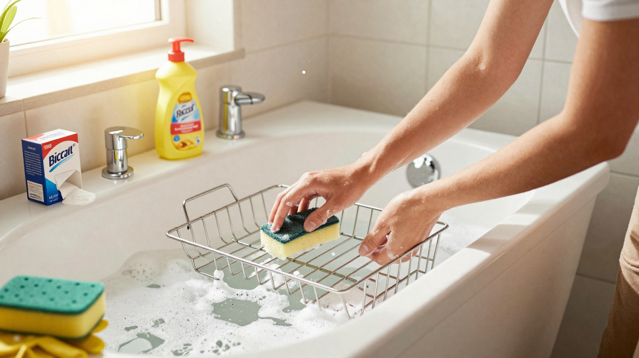 Person cleaning a metal dish rack with a sponge over a soapy bathtub in a bright bathroom.
