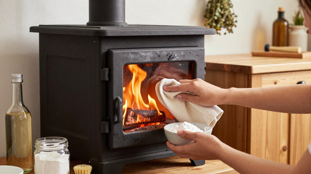 Person cleaning glass door of a lit black wood-burning stove with a cloth and a bowl of baking soda nearby.