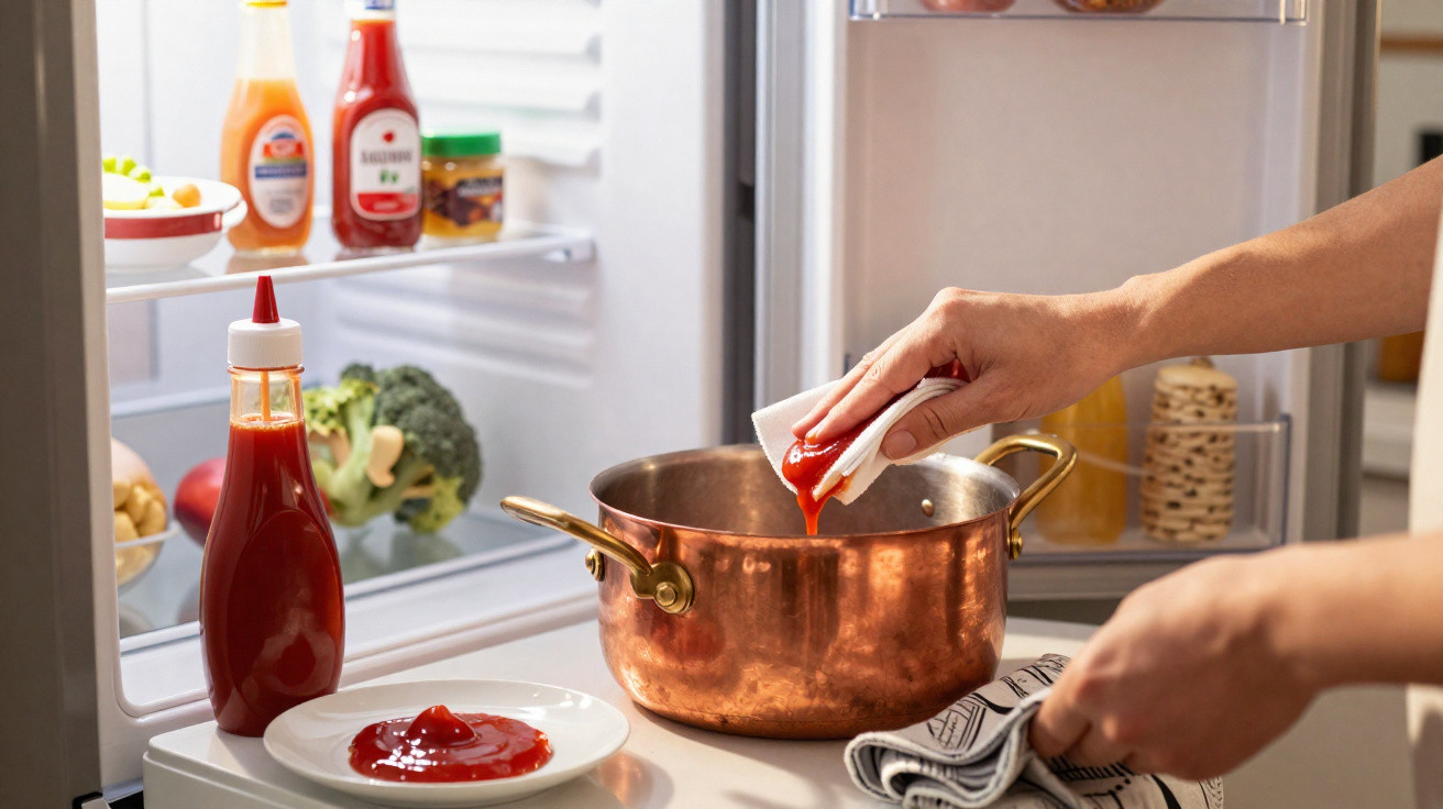 Hand pouring ketchup from a small container into a copper pot in a kitchen with an open fridge.