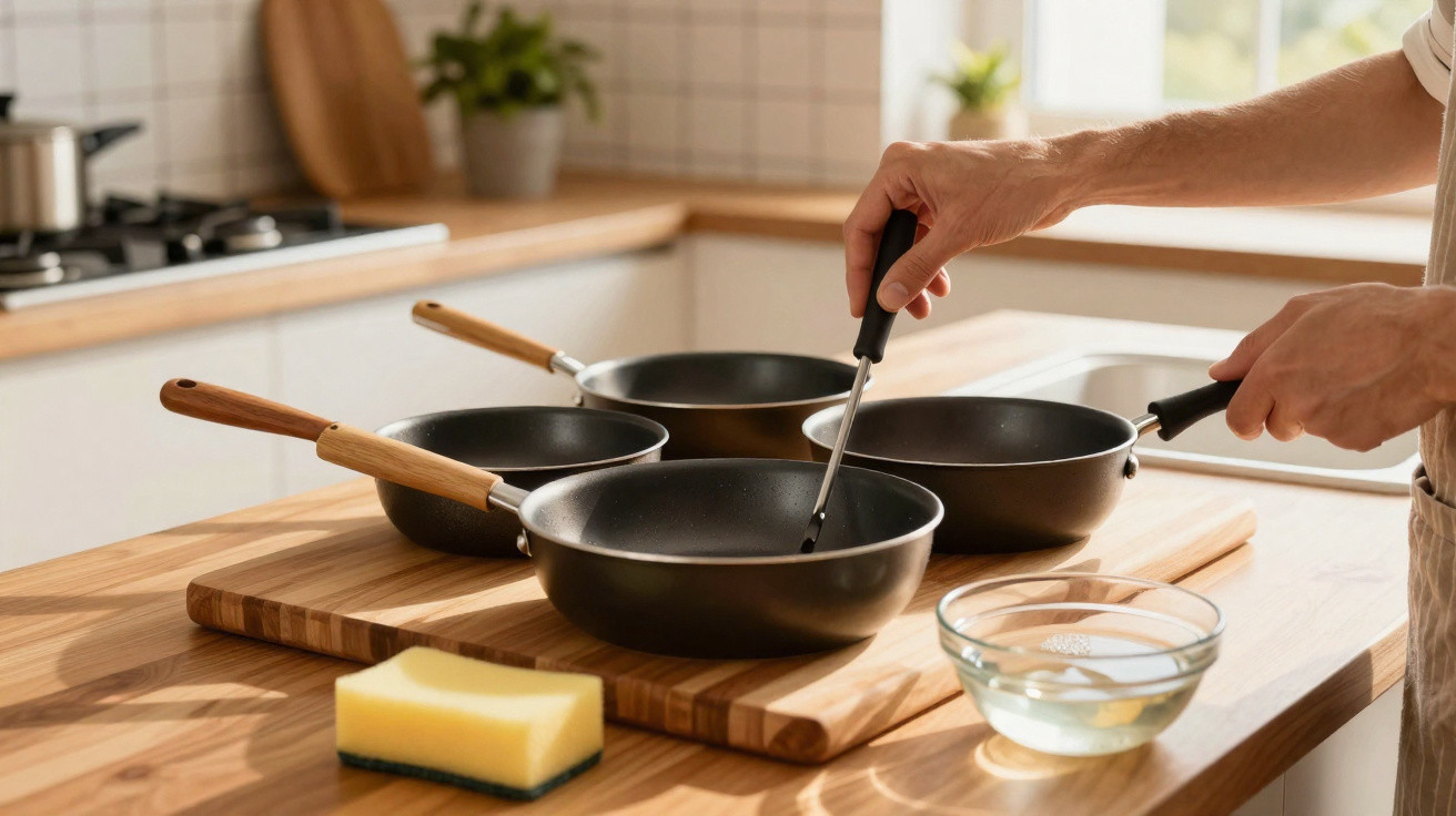 Person seasoning four black frying pans with wooden handles on a kitchen countertop with a sponge and bowl nearby.