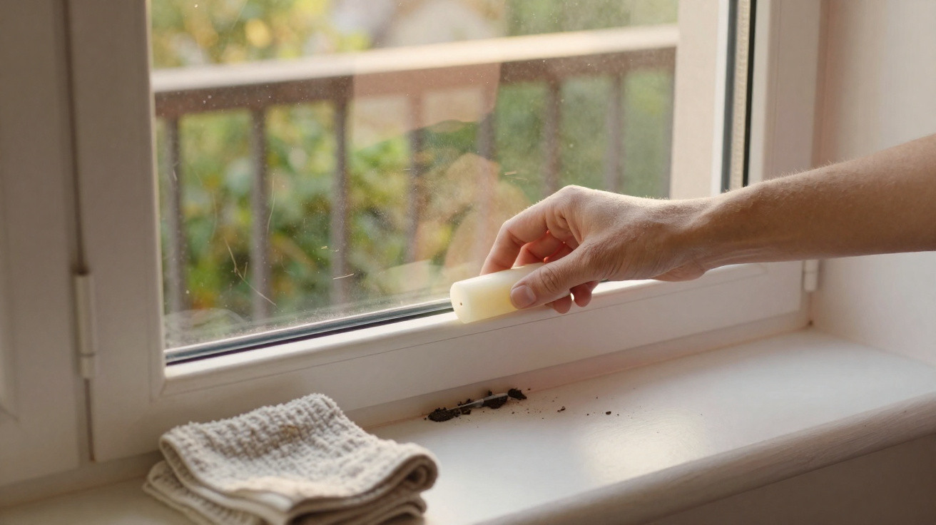 Hand erasing dirt marks on a white windowsill with a white cleaning sponge next to folded cloths.