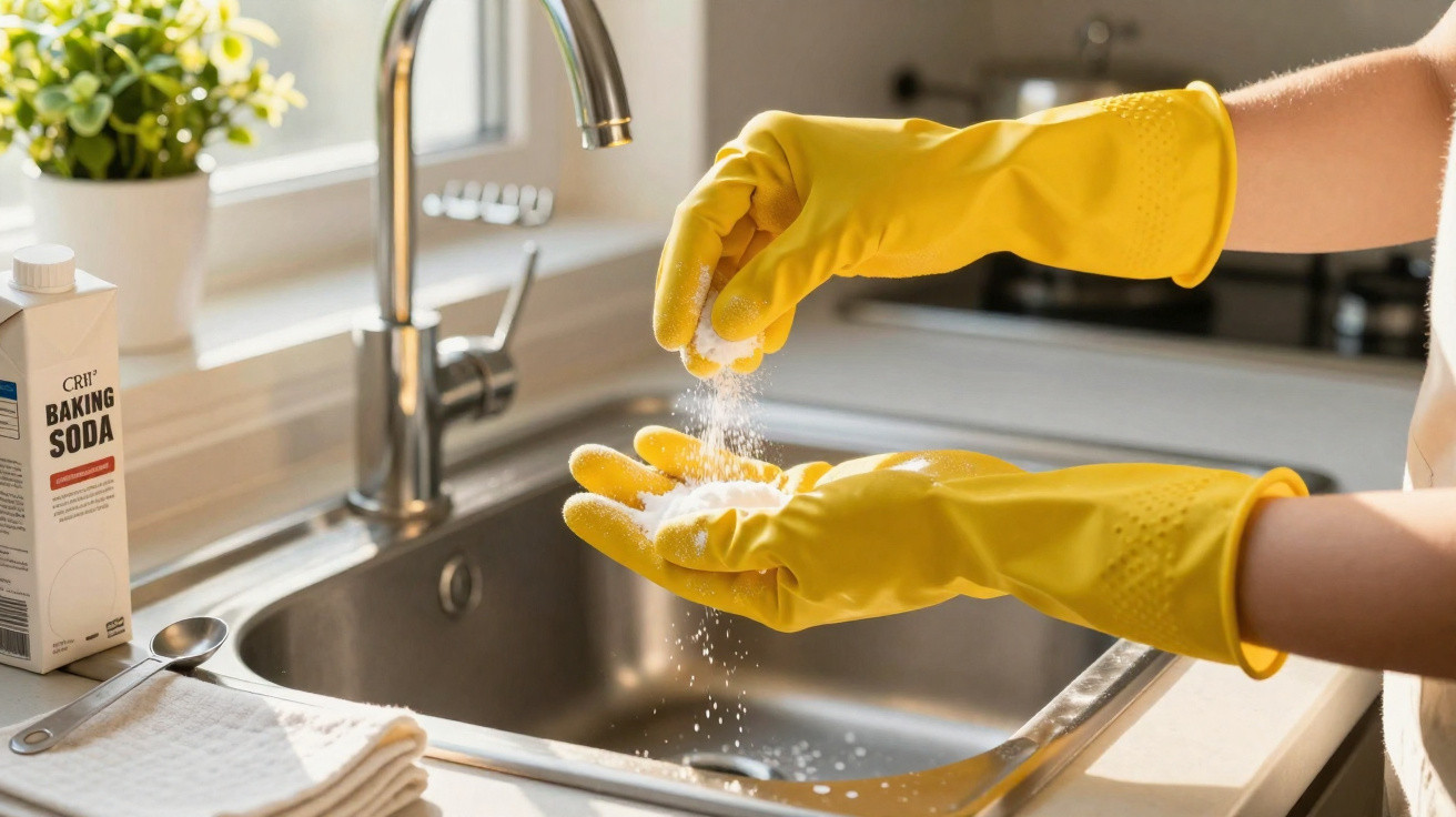 Person wearing yellow gloves sprinkling baking soda over their other gloved hand above a kitchen sink.