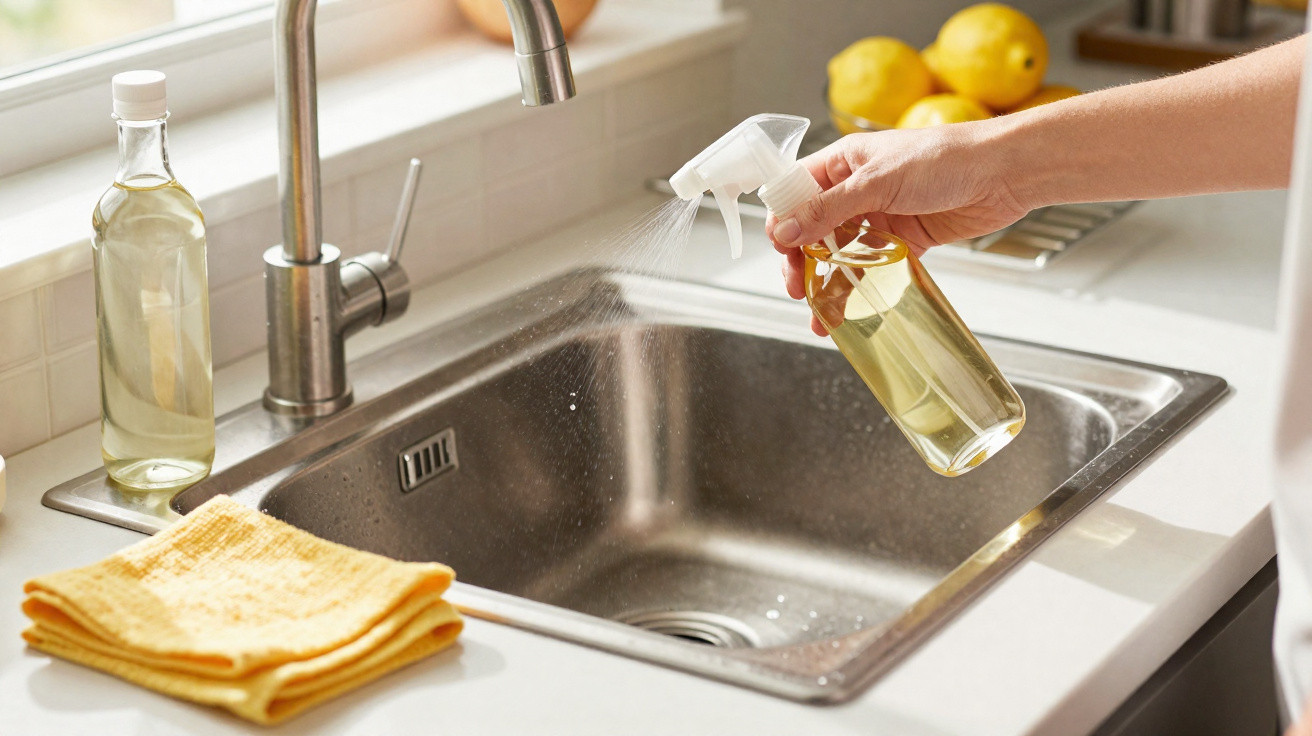 Hand spraying liquid cleaner into a stainless steel kitchen sink next to a yellow cloth and glass bottle.
