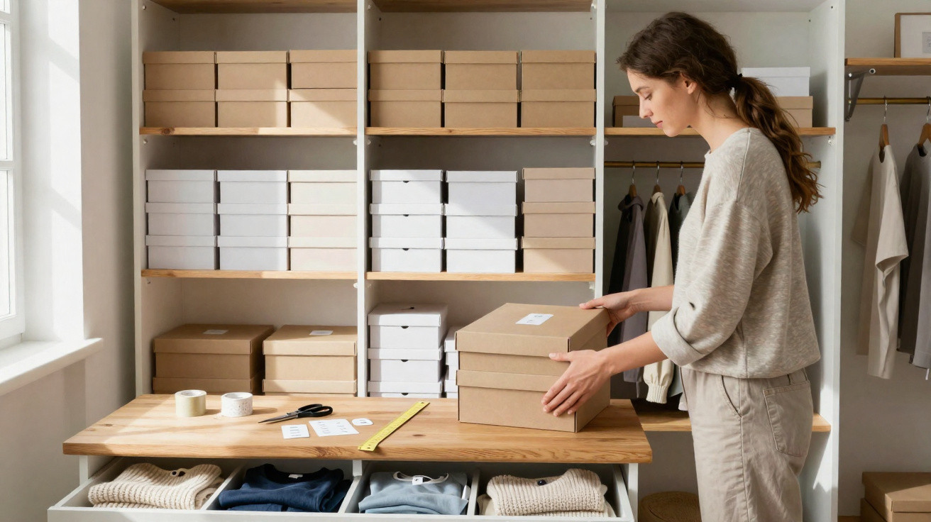 Woman organising brown and white storage boxes on shelves in a tidy, modern room.
