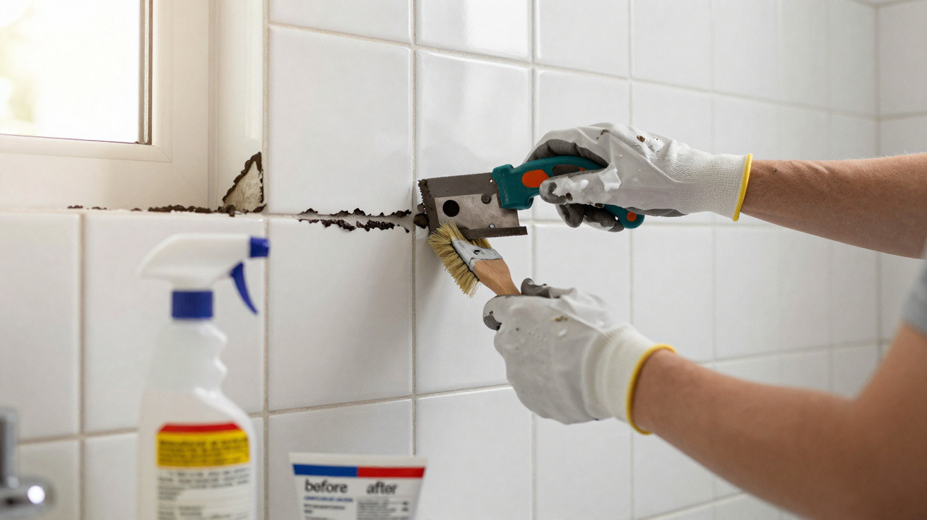 Person in gloves scraping damaged grout from white tiled wall near a window during repair work.