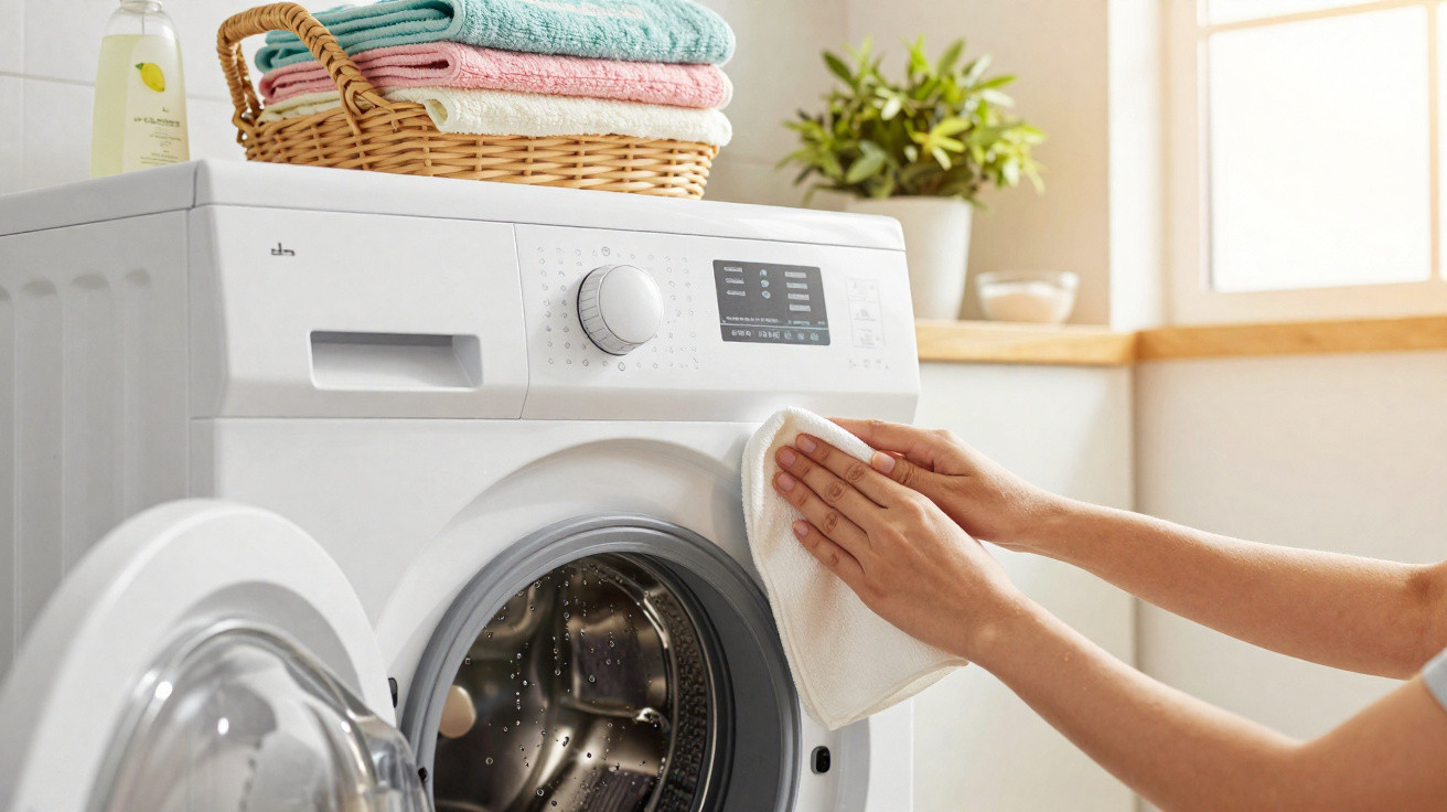 Person cleaning a white front-loading washing machine with a cloth in a bright laundry room.