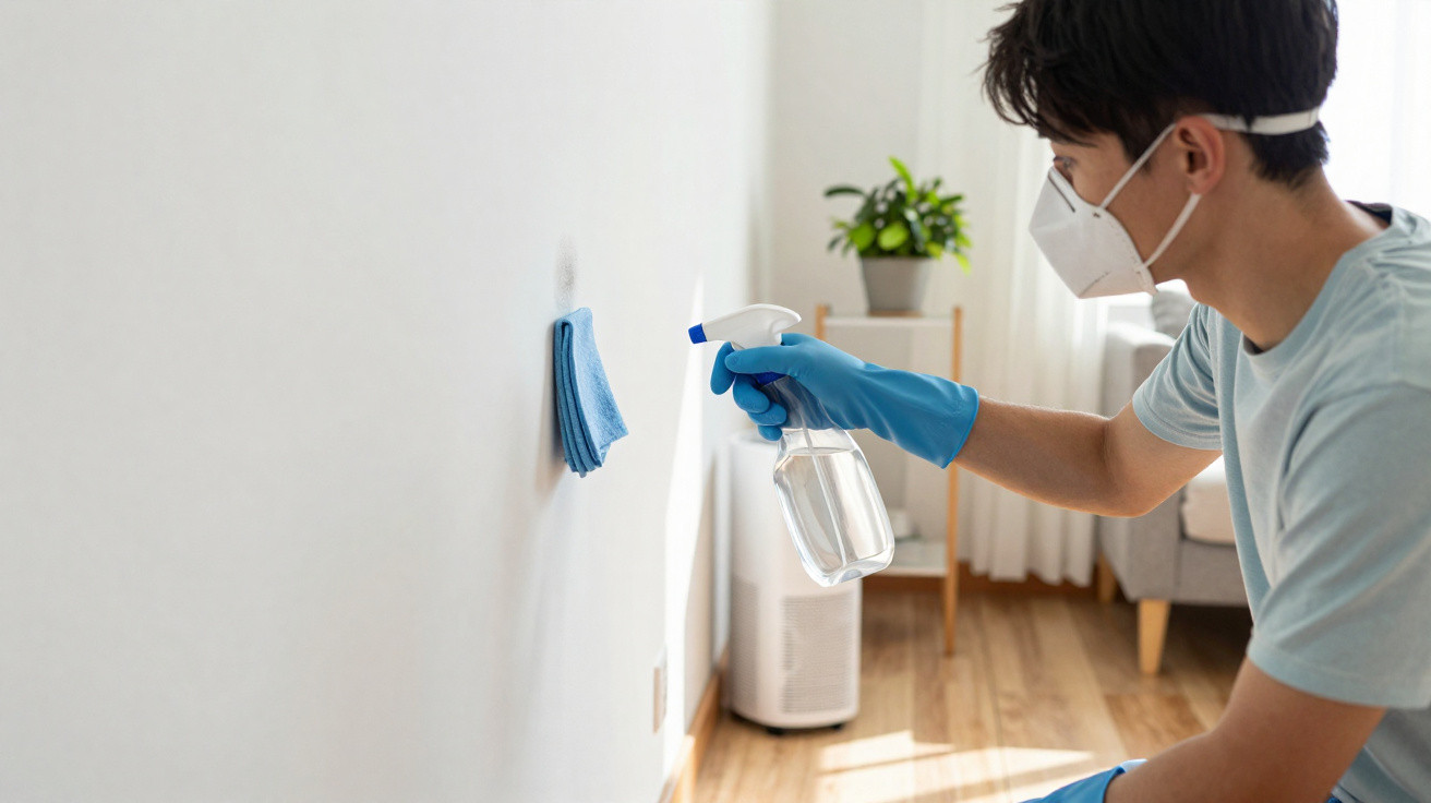 Person wearing gloves and a mask spraying disinfectant on a wall with a cloth attached in a bright room.
