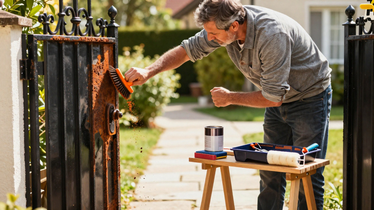 Man cleaning rust off metal garden gate with wire brush beside a table with painting tools outdoors