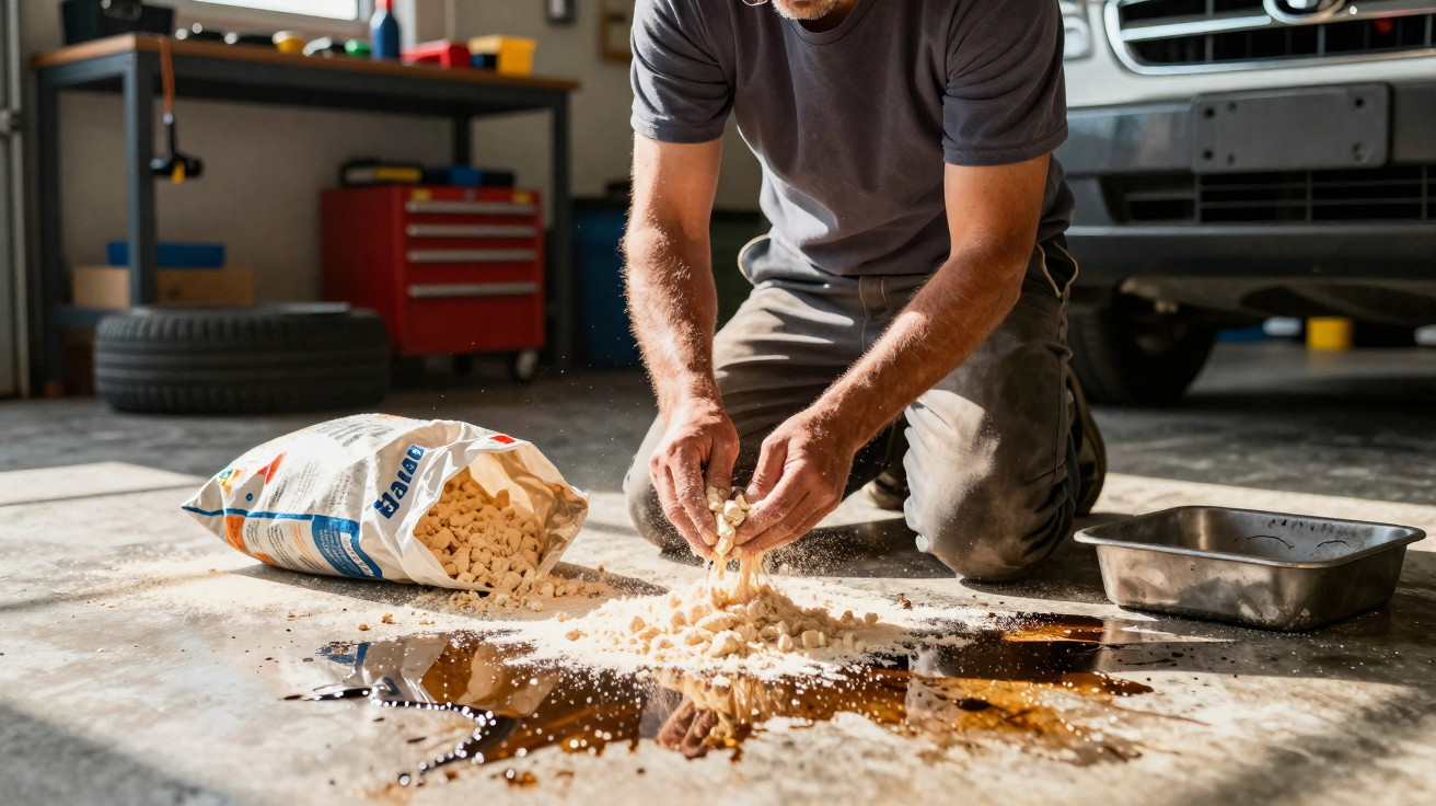 Man kneeling in a garage pouring absorbent granules onto a large oil spill on the concrete floor.