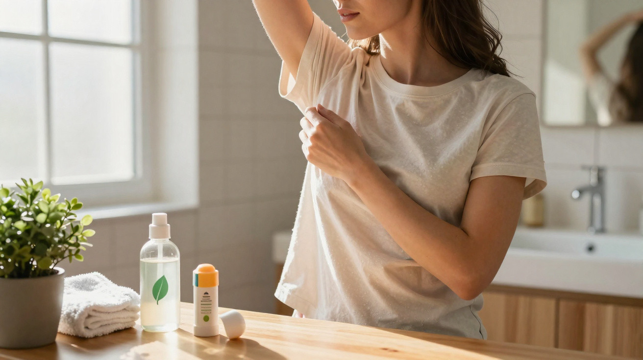 Woman applying deodorant on her underarm in a bright bathroom with skincare products on the counter