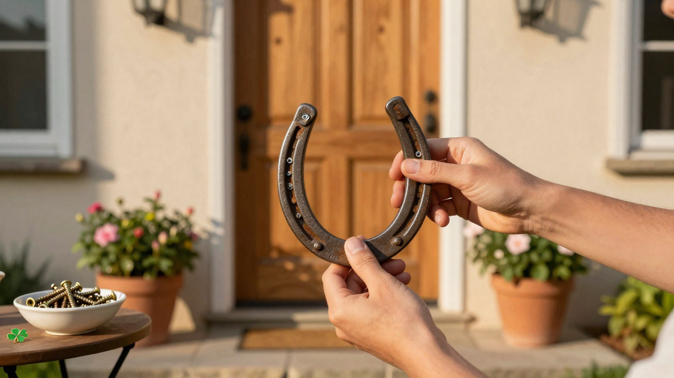 Two hands holding a rusty horseshoe in front of a wooden house door with potted plants nearby.
