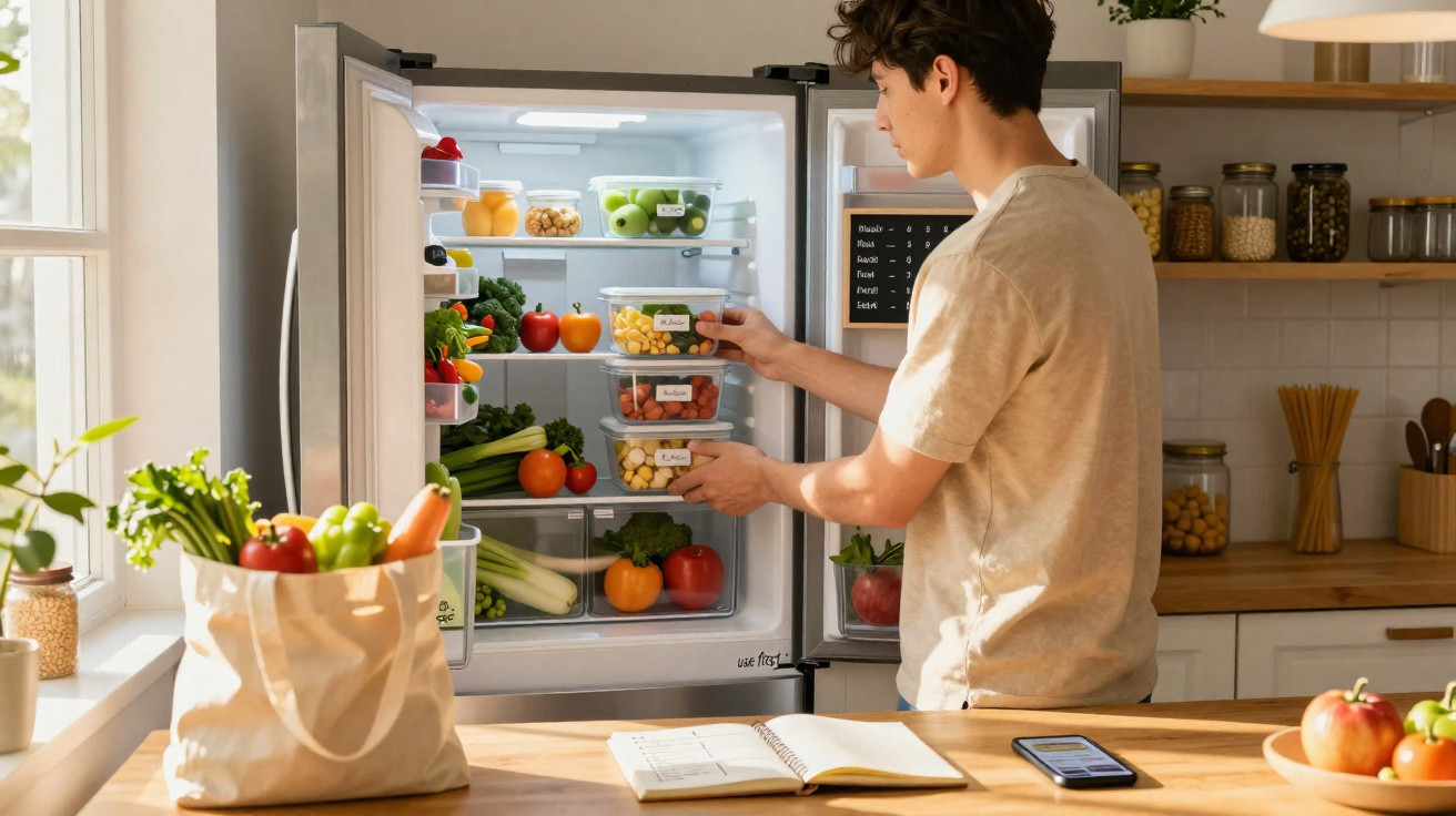 A person organising labelled food containers in a well-stocked refrigerator in a bright kitchen.