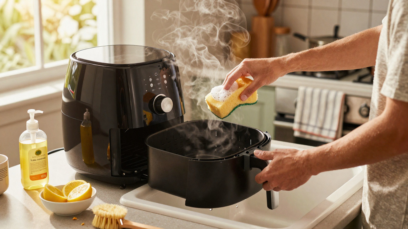 Person cleaning a steaming black air fryer basket with a yellow sponge in a bright kitchen.