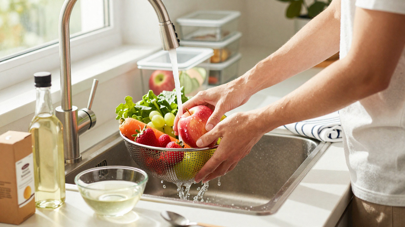 Person rinsing fresh fruits and vegetables in a colander under running kitchen tap water.