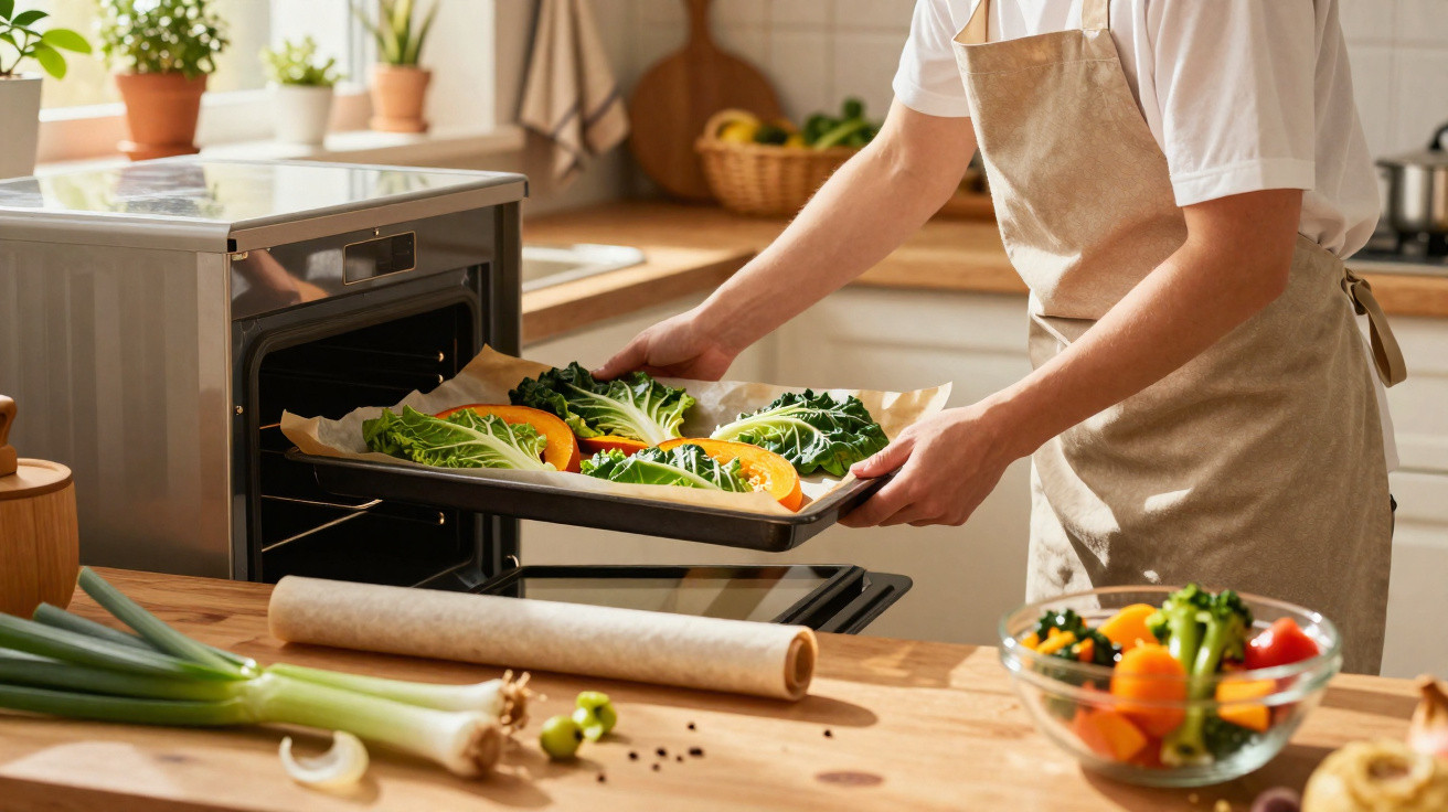 Person placing a tray of fresh vegetables with kale and bell peppers into a kitchen oven.
