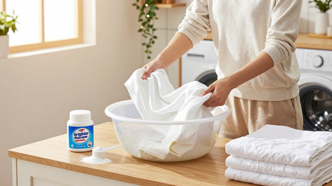 Person soaking white clothes in a basin using laundry powder on a wooden countertop.