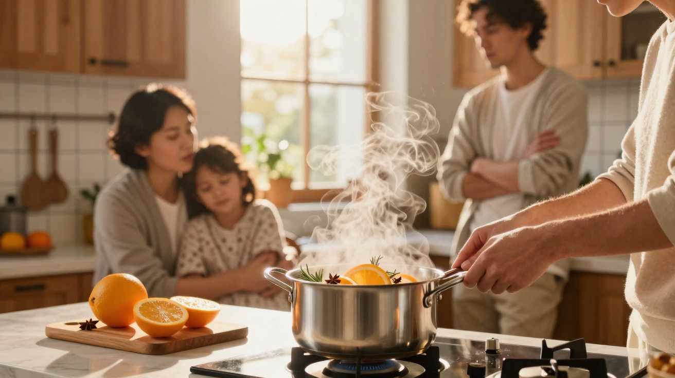 Steaming pot with oranges and spices on stove in kitchen, family hugging and talking in background.